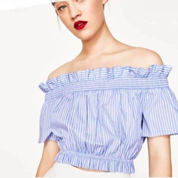 Zara Crop Top XS Off Shoulder Striped Ruffle Back Tie Summer Blue White Cinched - Picture 1 of 10